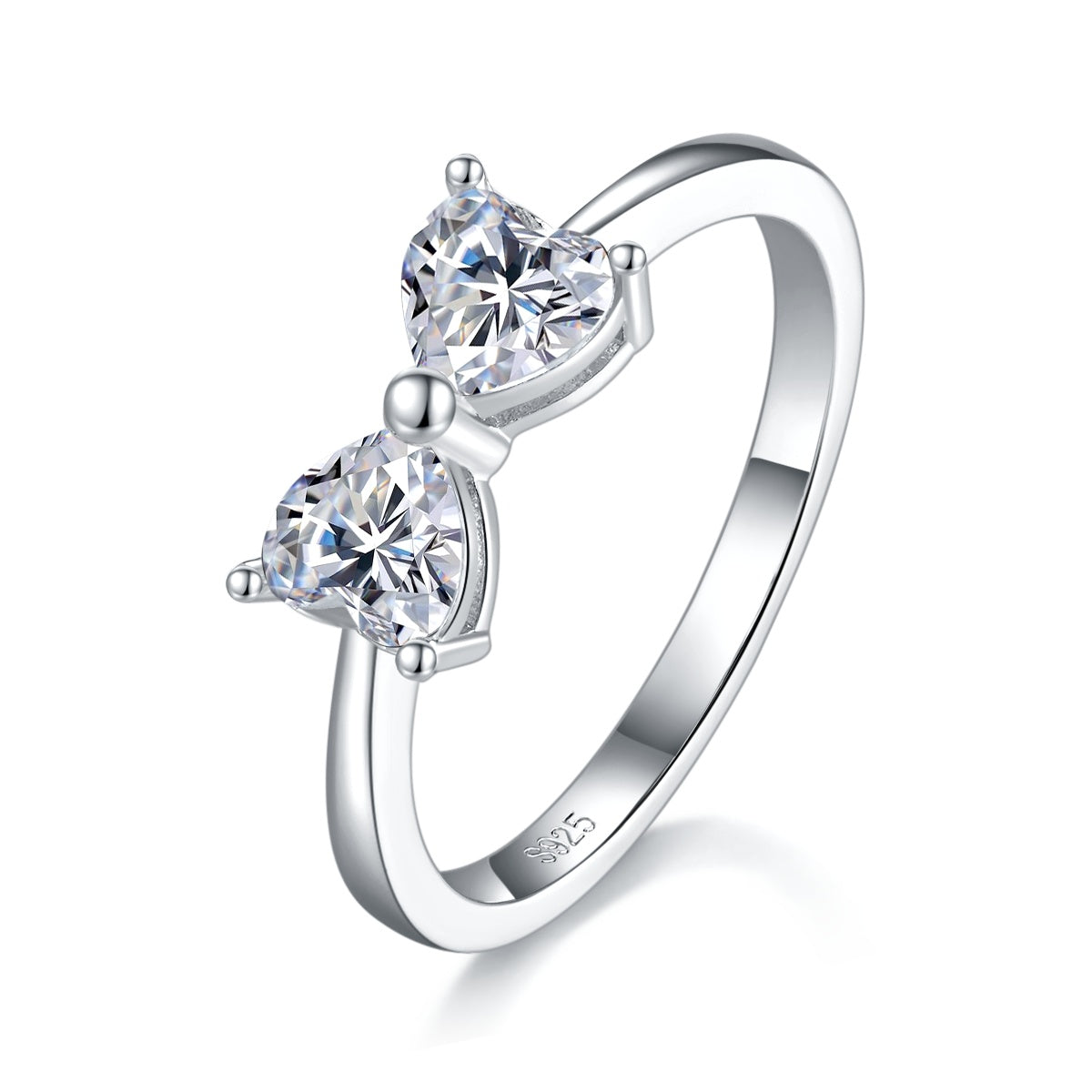 Heart Bow Tie Moissanite Promise Ring, 1 Carat D Color VVS1 Two-Stone S925 Silver Platinum Plated Ring With GRA Certificate, US Size 5-9.