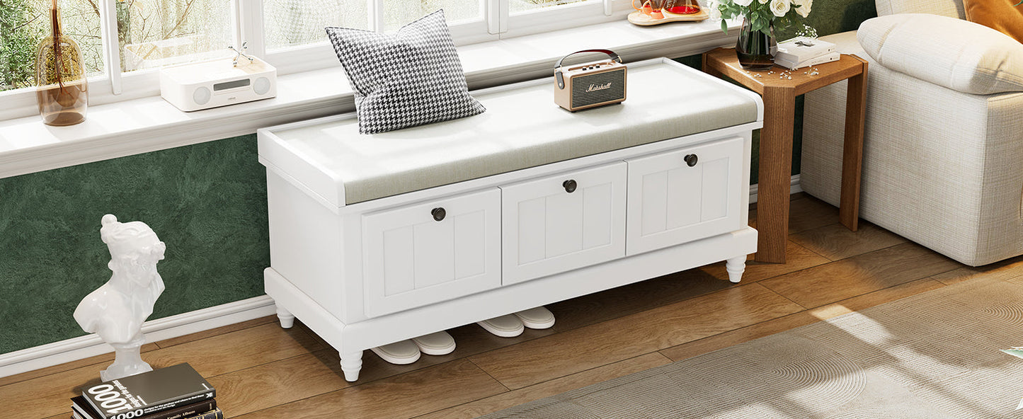 Entry Bench Fluted MDF White Cushioned Seat 3 Drawers 44x16x19
