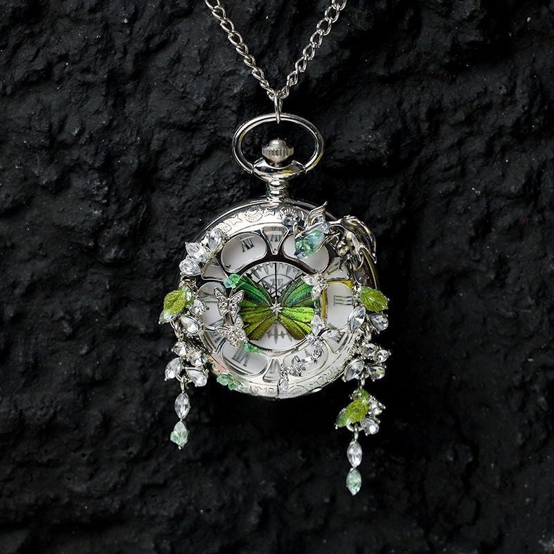 Couples Teal And Green Butterfly Animated Pocket Watch For Graduation Season