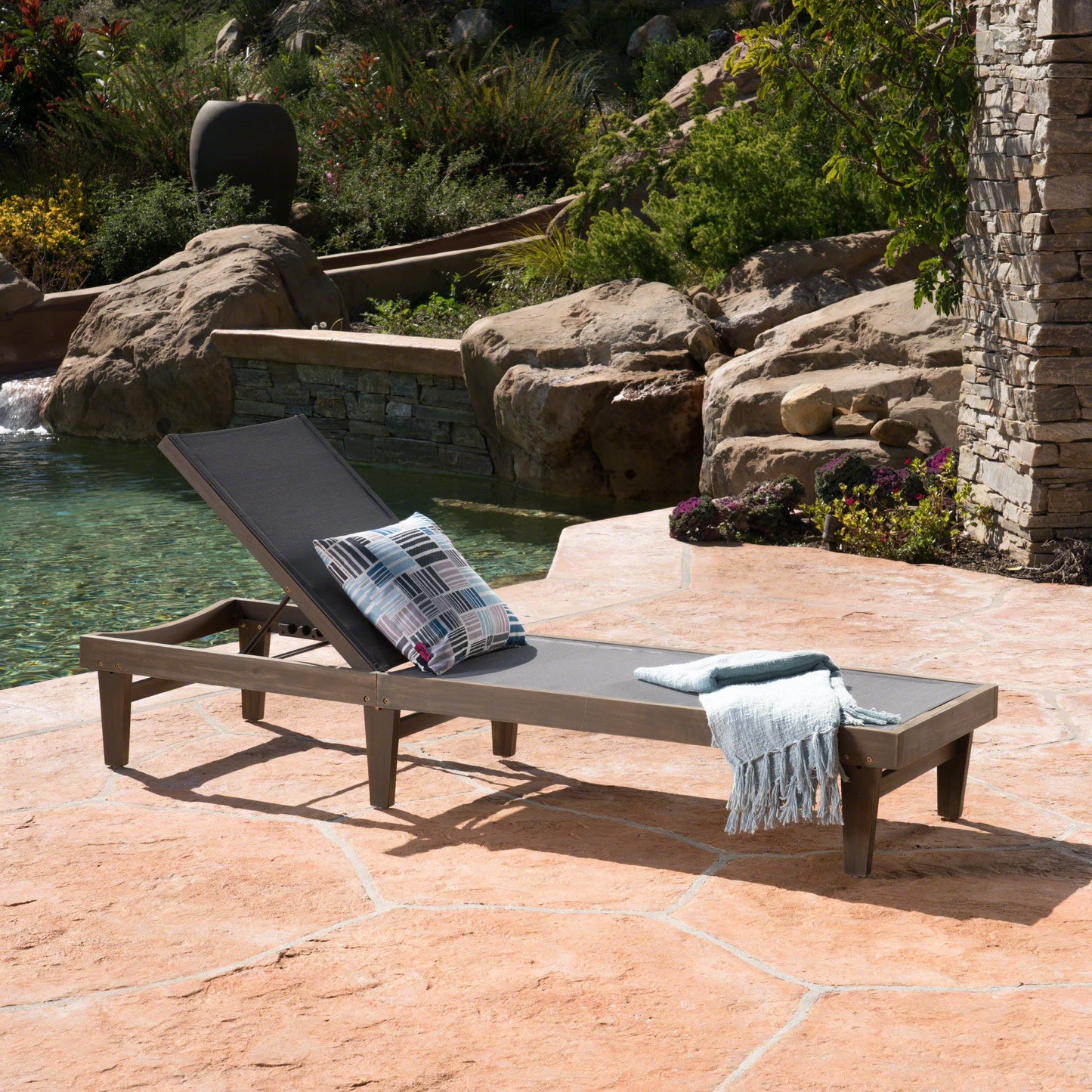 Outdoor Acacia Wood Chaise Lounge Gray Mesh 78.25x24