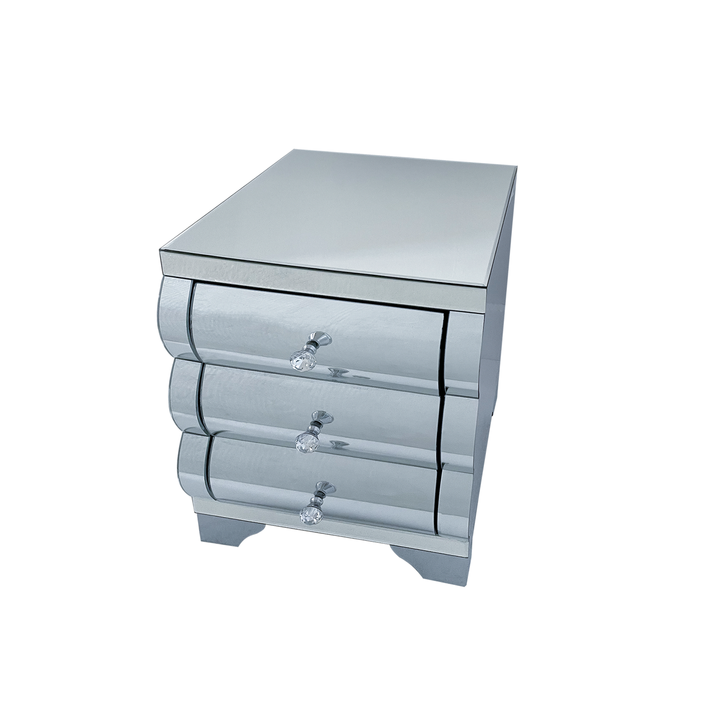 Curved Mirror Nightstand with 3-Drawer Glass Bedside Table, Silver, Bedroom