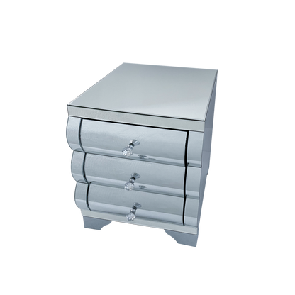 Curved Mirror Nightstand with 3-Drawer Glass Bedside Table, Silver, Bedroom