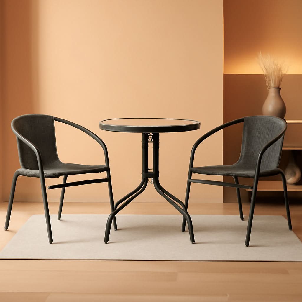 3-Piece Patio Dining Set With Round Glass Table And Stackable Rattan Chairs Gray