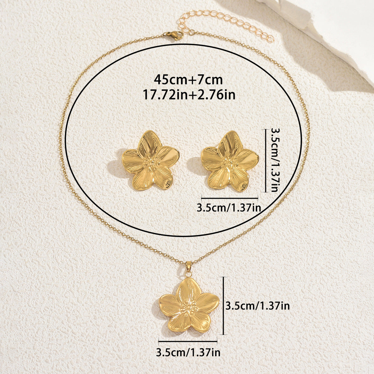 New Arrival Cross-border European American Women Jewelry Set, Geometric Electroplated Metal Floral Design Matching Flower Earrings & Necklace, Versatile Daily Neck Ear Ornaments