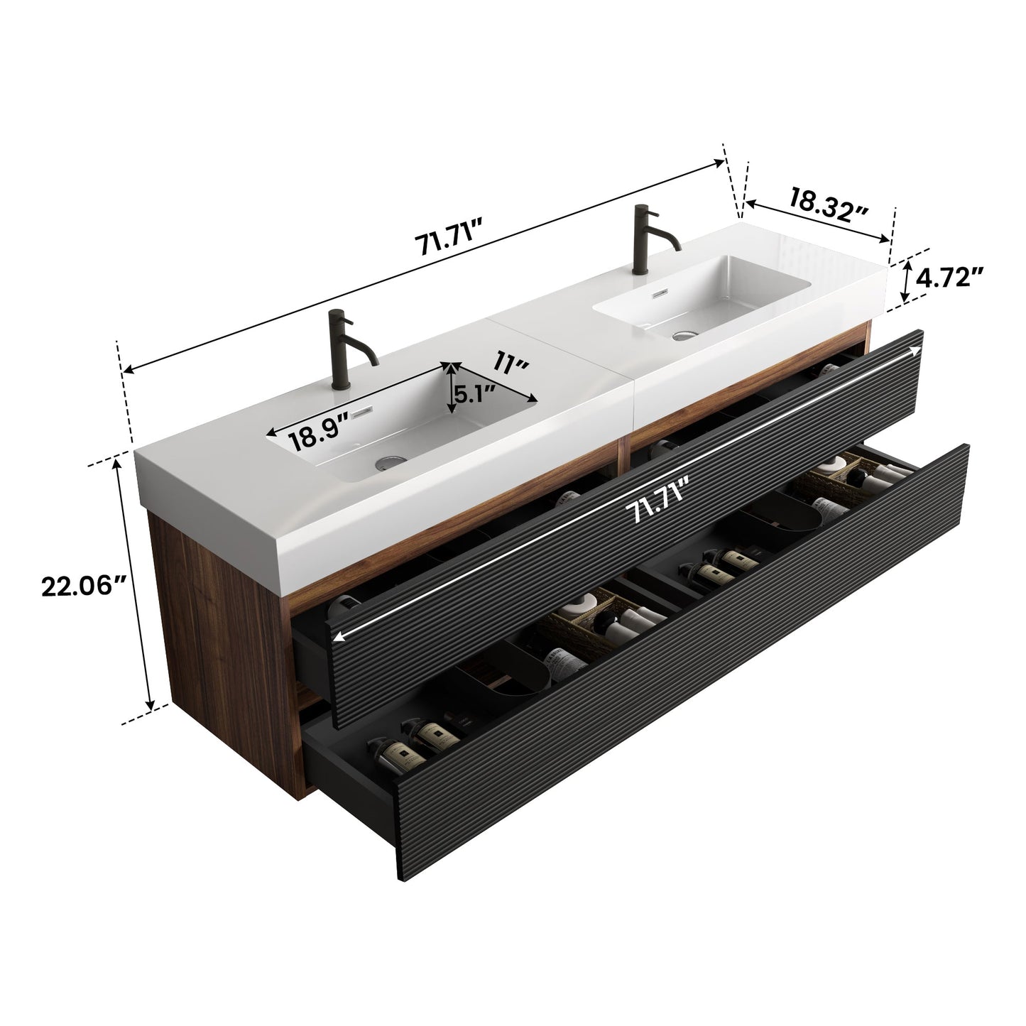 72'' Double Bathroom Vanity with Matt Black Quartz Sink Soft Black Drawers Wall Mount