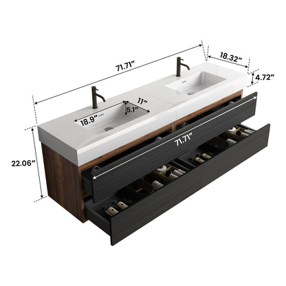 72'' Double Bathroom Vanity with Matt Black Quartz Sink Soft Black Drawers Wall Mount