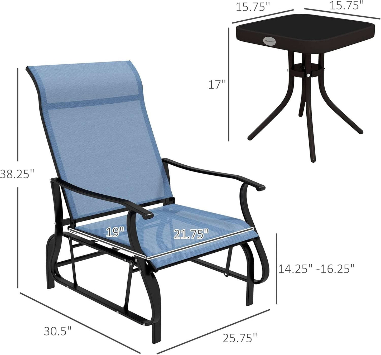 Light Blue Outdoor Glider Set With Steel Frame Glass Table