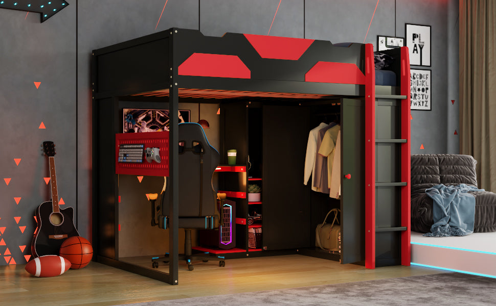Full Size Wood Loft Bed with Desk, Multi-storage Shelves,USB and RGB Light, Red