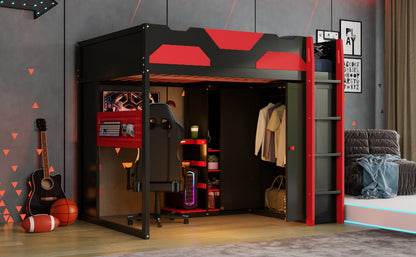 Full Size Wood Loft Bed with Desk, Multi-storage Shelves,USB and RGB Light, Red