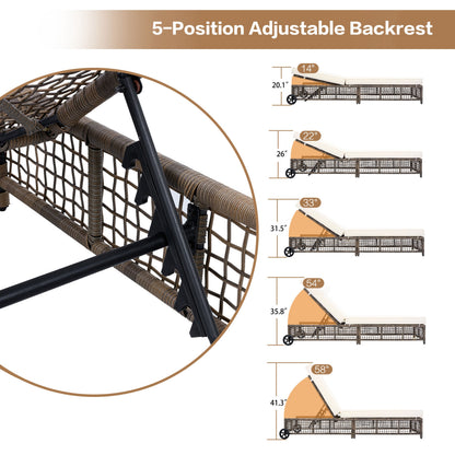 Outdoor Lounge Chair with 5-Position Backrest, Rattan Chaise Lounge in Beige