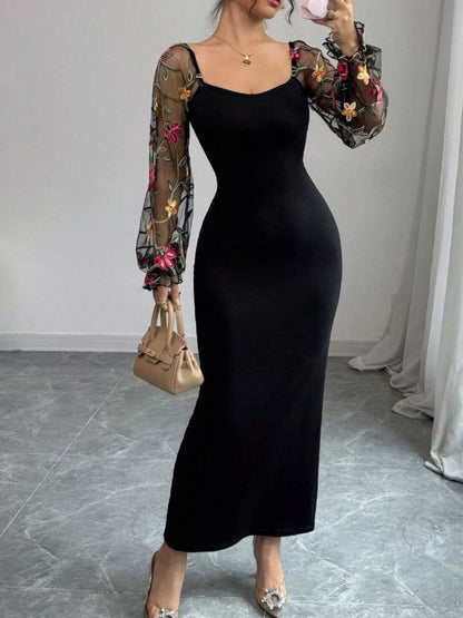 Sheer Floral Mesh Sleeves Bodycon Dress