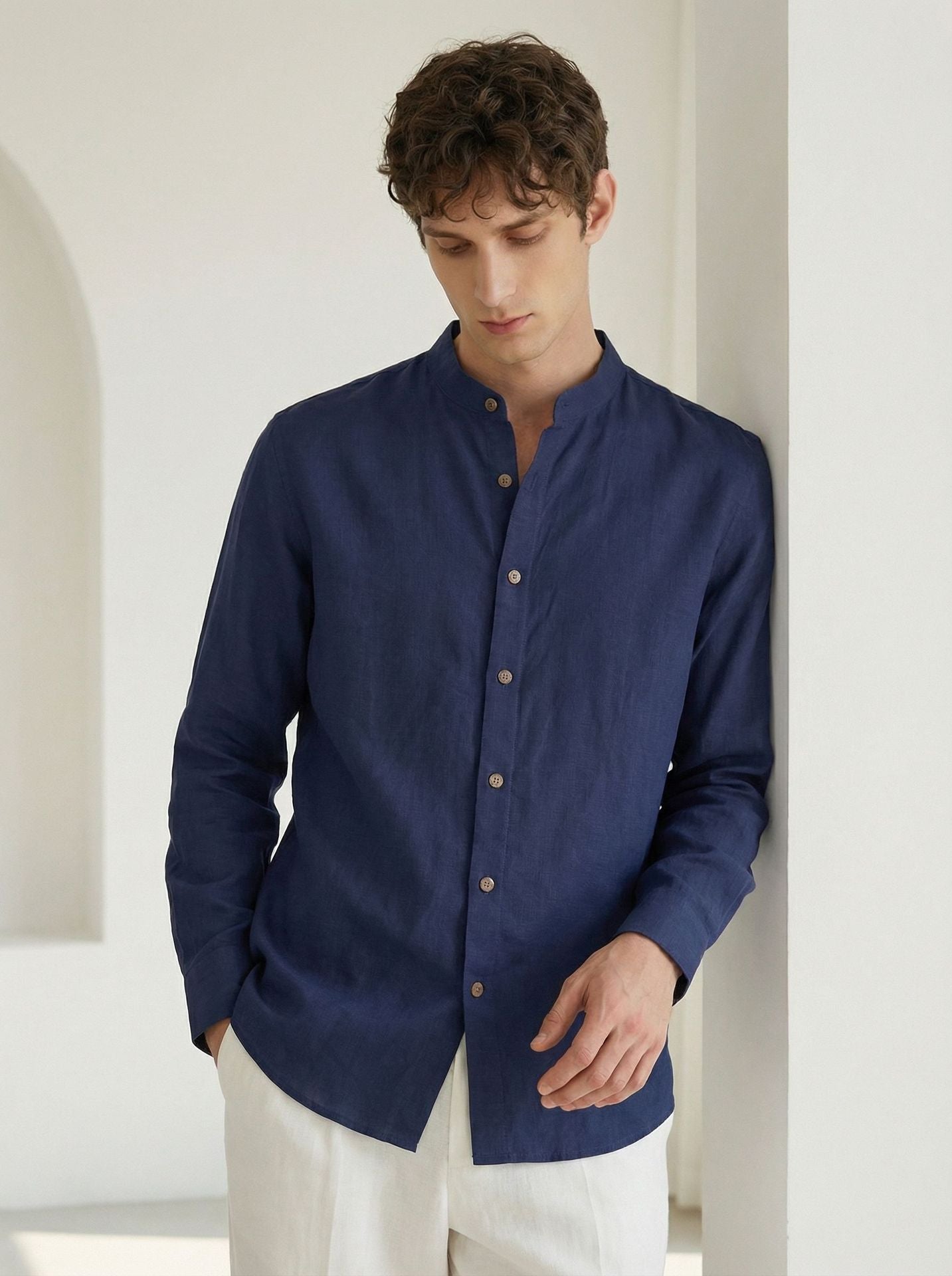 Italian Neapolitan Luxury Pure Natural Linen Mens Long Sleeve Shirt