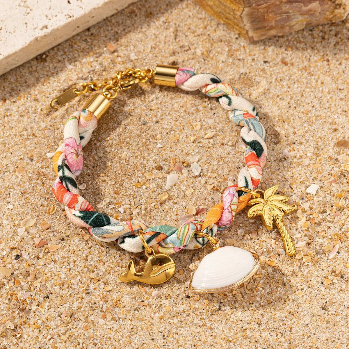 Colored Fabric Fan-shaped Seashell Electroplated 18k Gold Necklace And Bracelet