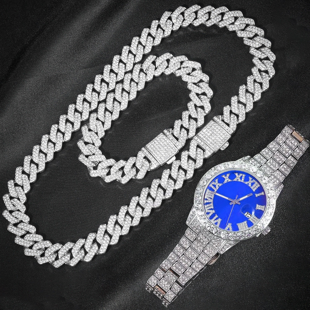 Hip-Hop EuropeanAmerican Cross-Border 14mm Cuban-Link Watch Set