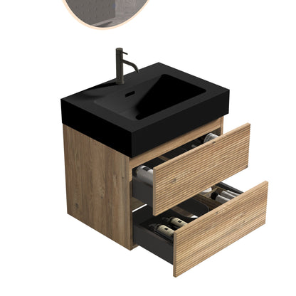 24' Floating Bathroom Vanity with Matte Black Quartz Sink and Oak Drawers