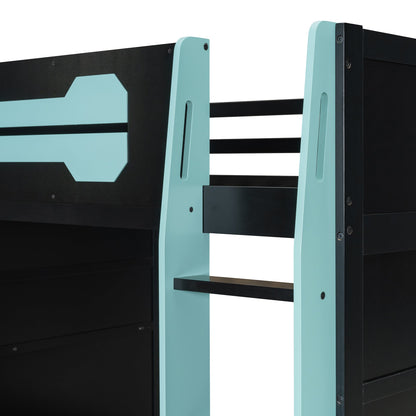 Full Size Wood Loft Bed with Desk, Multi-storage Shelves and RGB Light, Cloud