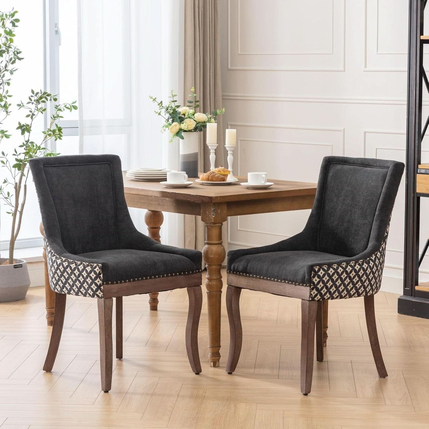 Dining Chairs Set Of 2 High Back Upholstered Fabric With Solid Wood Legs