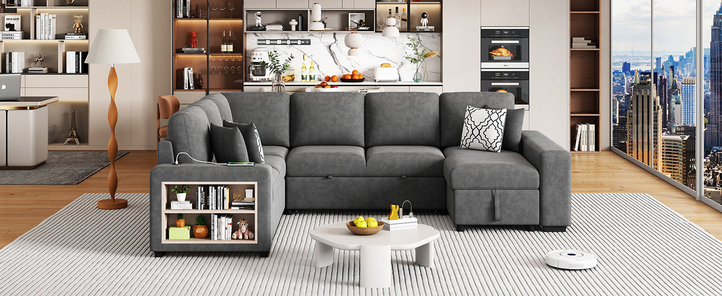 Sectional Sofa U-Shape Chenille Gray 5 Seat USB Ports Pull-Out 109 In