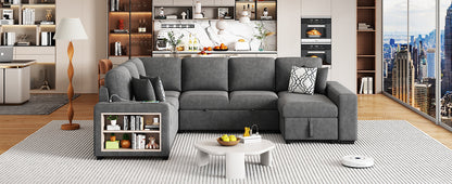 Sectional Sofa U-Shape Chenille Gray 5 Seat USB Ports Pull-Out 109 In