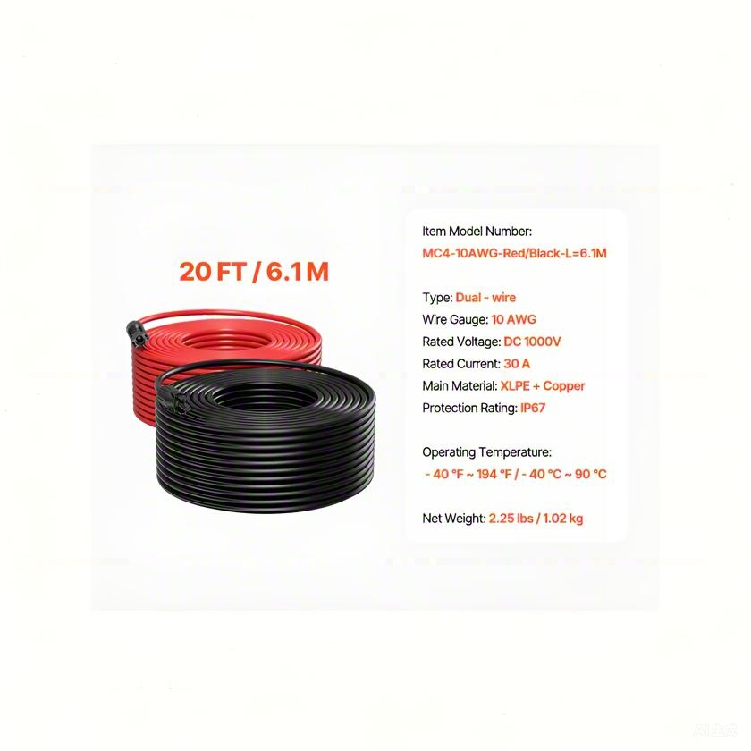 20FT Solar Panel Extension Wire 10AWG Male Female Connectors