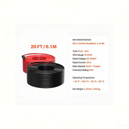 20FT Solar Panel Extension Wire 10AWG Male Female Connectors