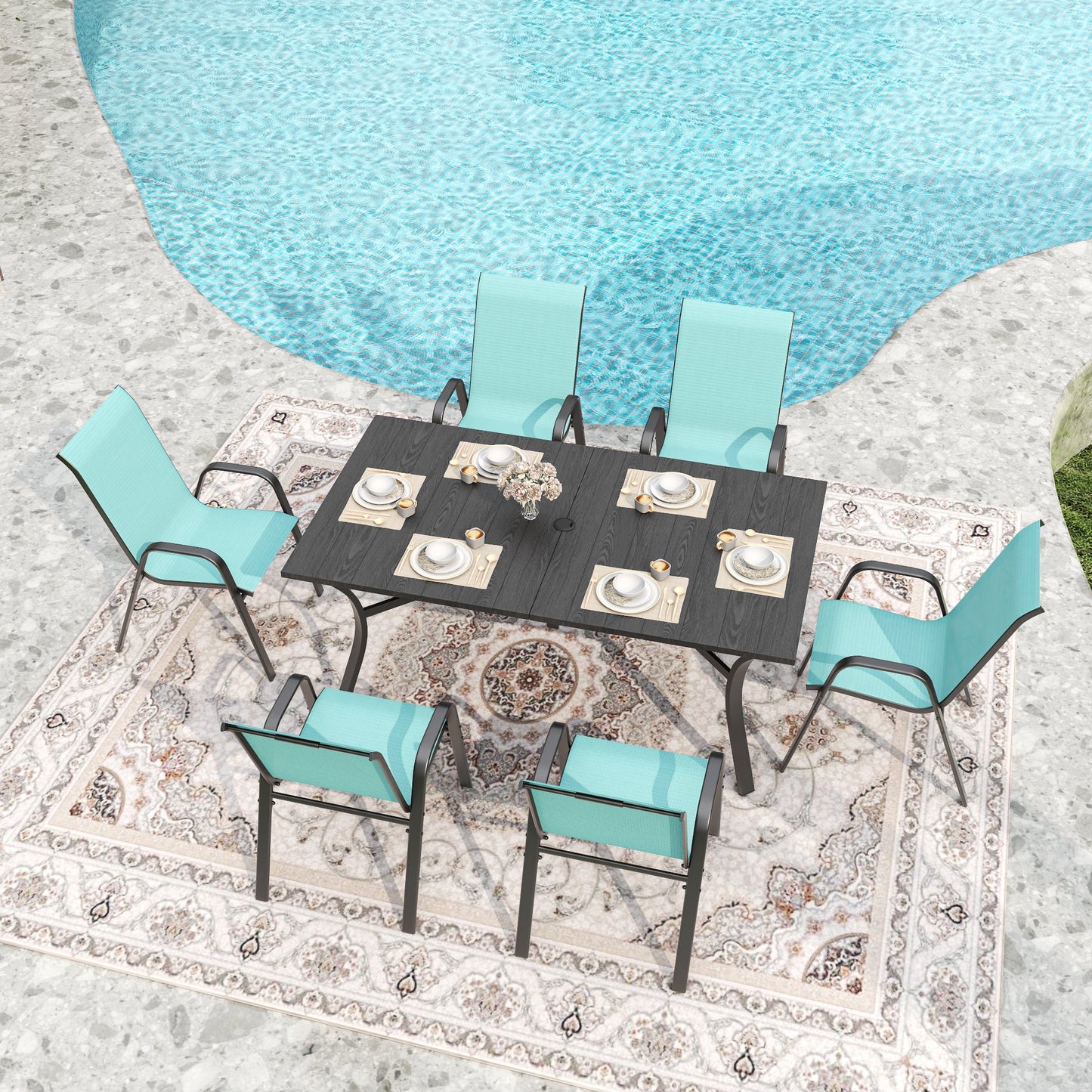7 Piece Outdoor Dining Set Seats 6 Steel Wood Grain