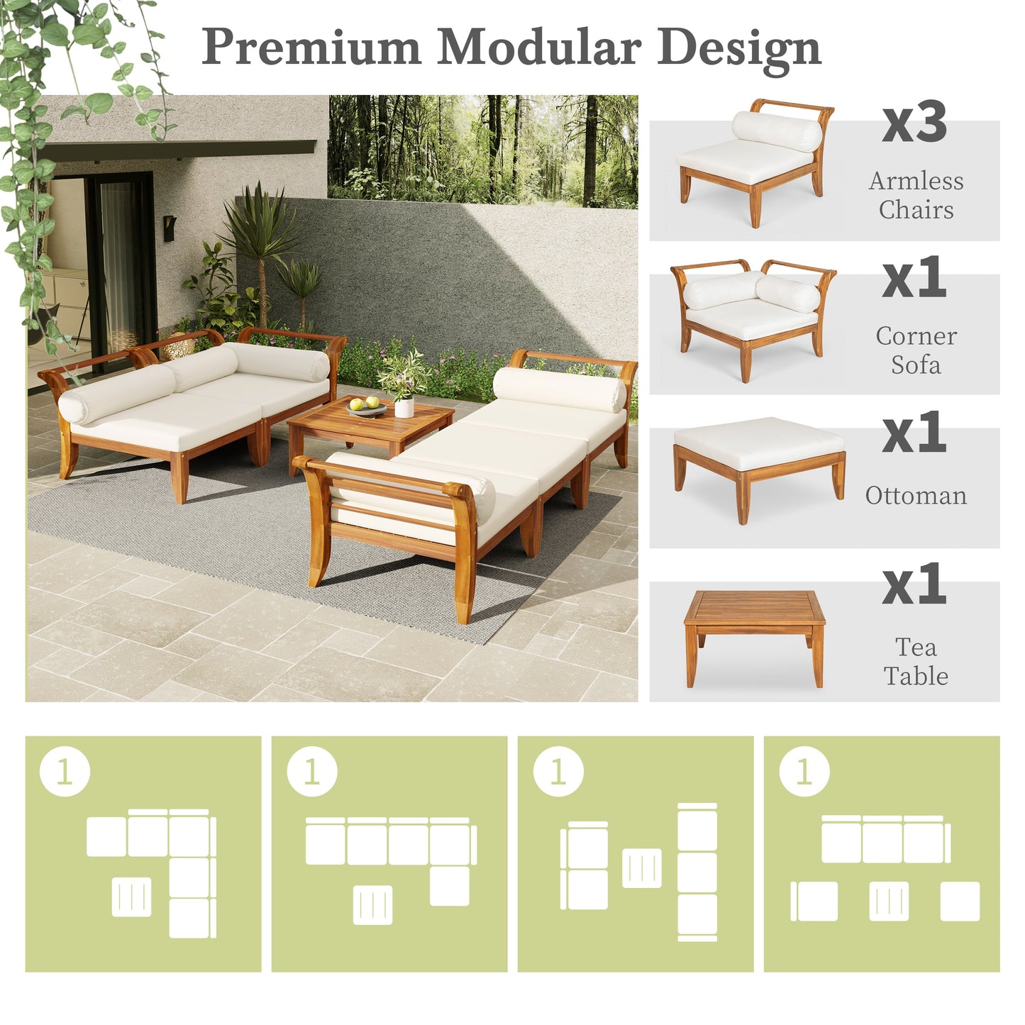 Outdoor Patio Set L-Shape Acacia Wood Teak Beige Cushions 6 Piece