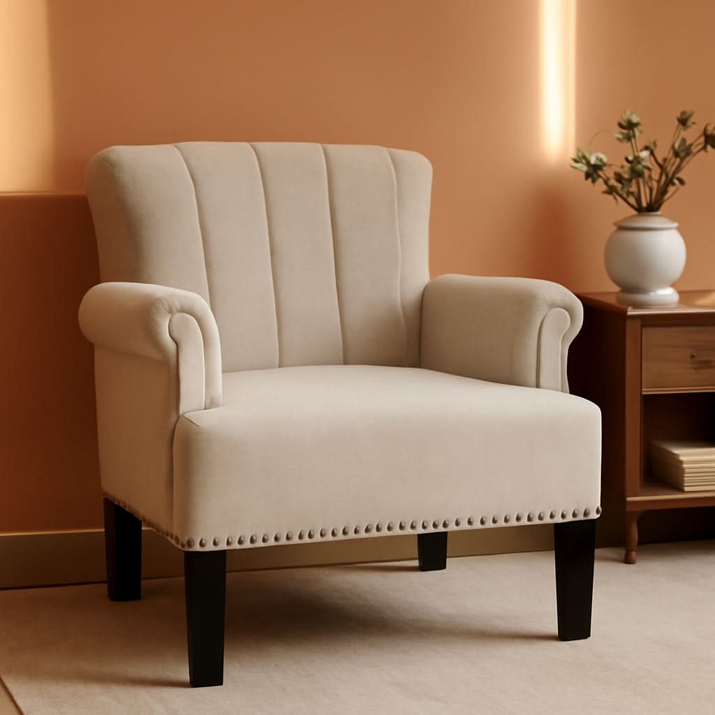 Cream Polyester Tufted Mid Century Upholstered Chair