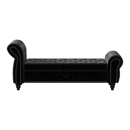 64.5 in Tufted Chaise Lounge Bench with Storage, Velvet Upholstery, Black