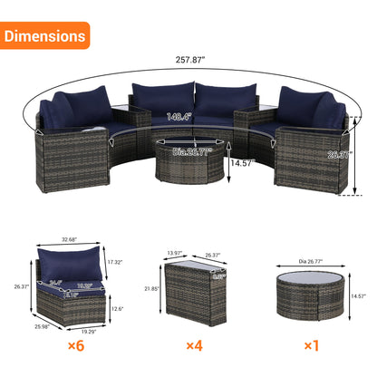 Outdoor Sectional Set PE Rattan Dark Blue Half Moon 11 Piece