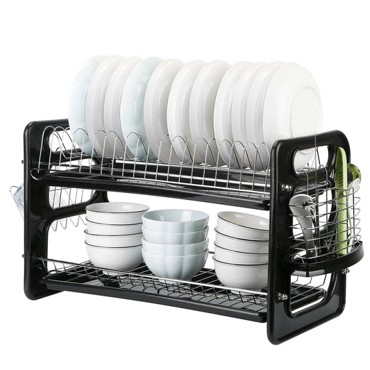 2 Tier Iron Dish Drying Rack Drainboard Set with Large Storage Anti-Rust Dish Drainer Shelf Tableware Holder Cup Holder For Kitchen Counter Storage