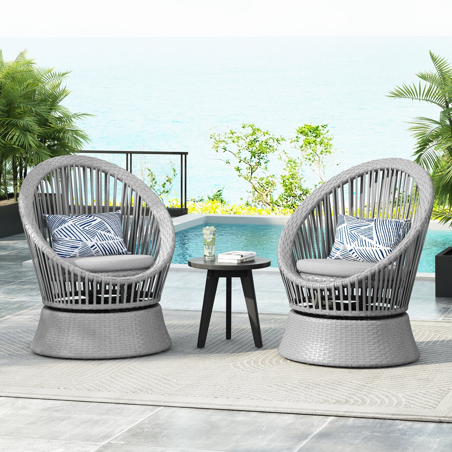 Modern Silver Grey Swivel Wicker Lounge Chair Set with PE Rattan and Iron