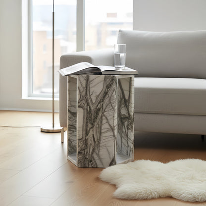 White Marble Hexagon Side Table, 15.7 in, Geometric Stone, Polished Pedestal