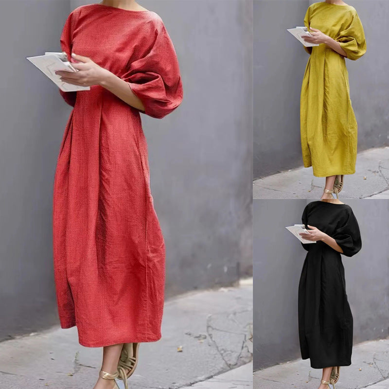 Casual Long Dress With A Round Neck And Bubble Sleeves