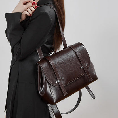 Large-capacity Womens Cowhide Leather Backpack With An Oil-wax Finish