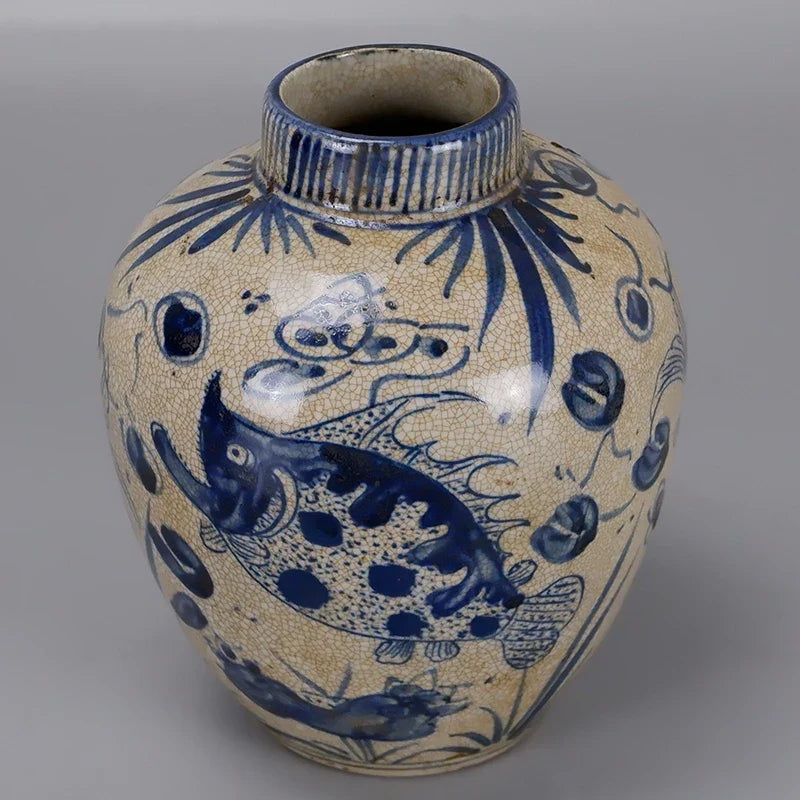 Yuan-Style Blue and White Lotus Seed Jar – Hand-Painted Fish Bath Pattern