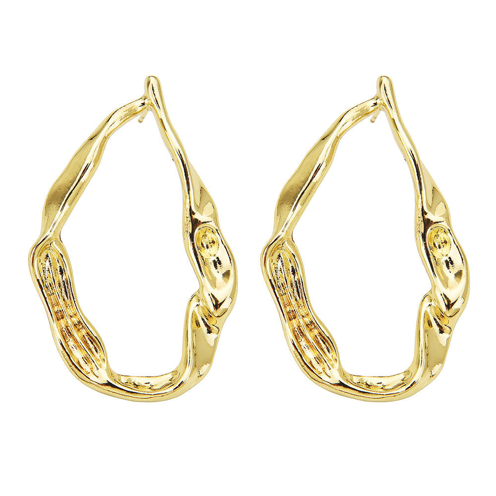 Organic Irregular Water Drop Hoop Earrings, Hammered Liquid Texture Gold Open Hoops, Minimal Quiet Luxury Women Jewelry For Europe Spain