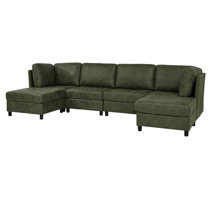 Sectional Sofa Modular Faux Leather Olive 6 Seat 124 In