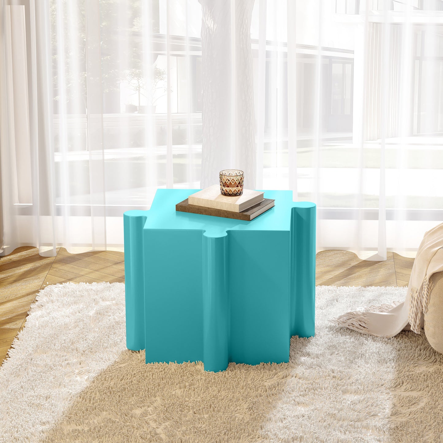 Puzzle Art Side Table Modular Convex Edge MGO Table Indoor and Outdoor Light Blue