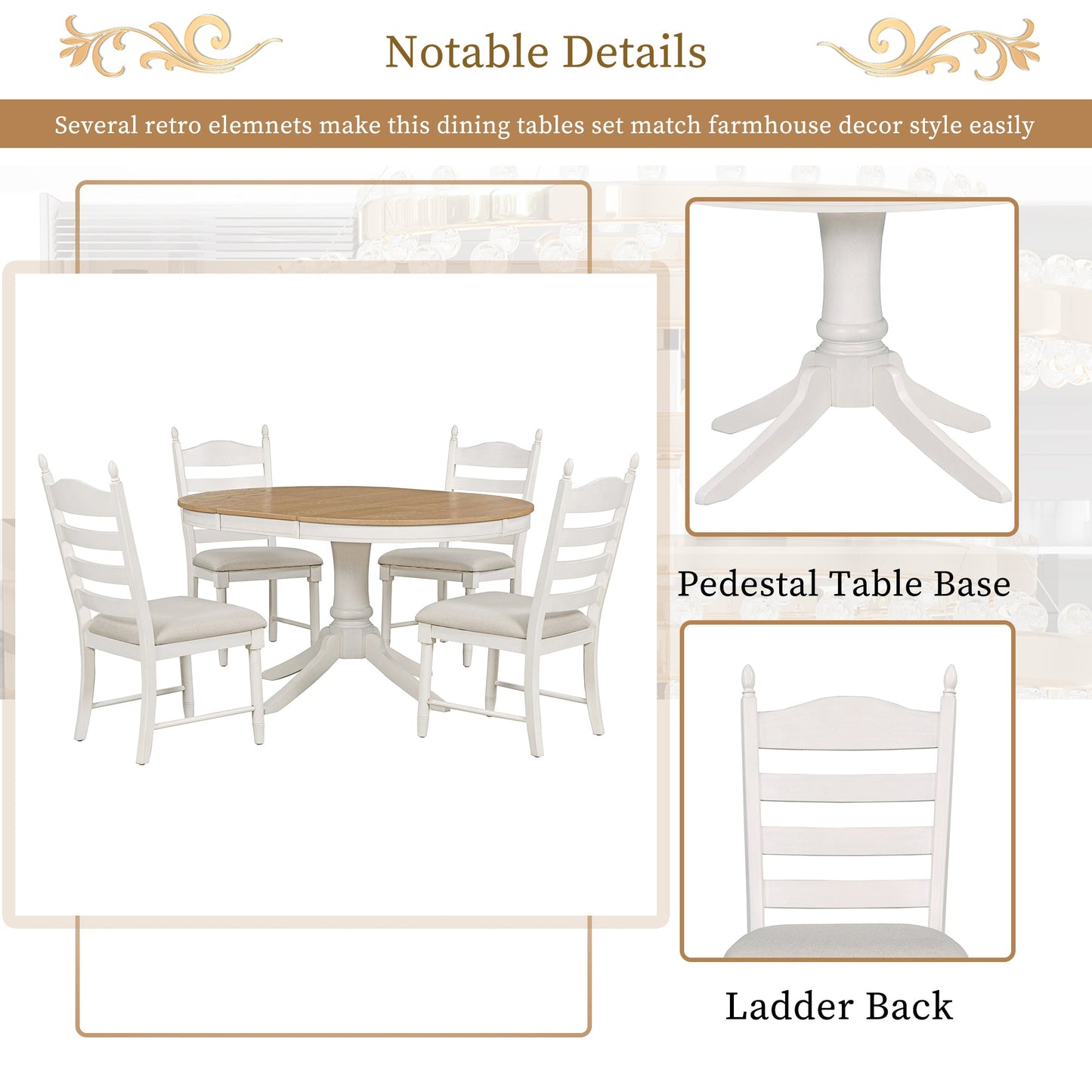 5-Piece Retro Functional Dining Table Set Wood Round Extendable Dining Table