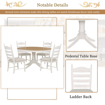 5-Piece Retro Functional Dining Table Set Wood Round Extendable Dining Table