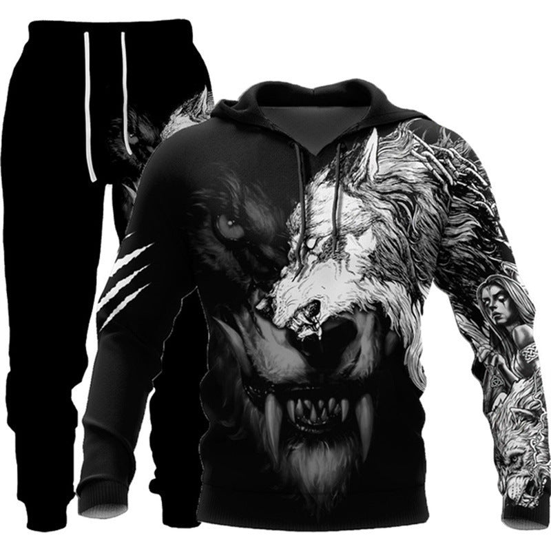 Animal-print Hooded Pullover Sweatshirt And Menswomens Sportswear Set