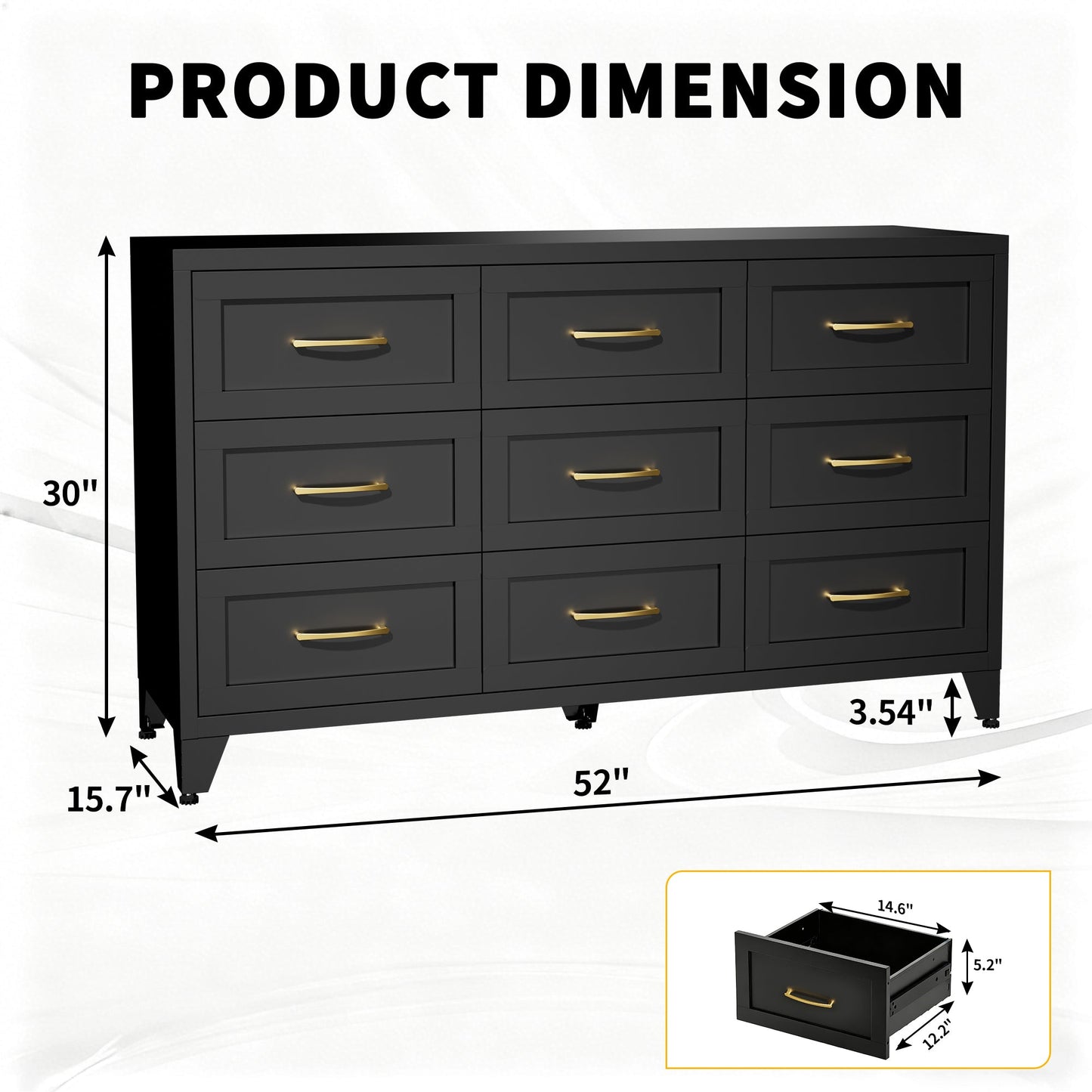 Dresser 9-Drawer Black Steel Smooth-Glide Powder Coat 52x15.8x30 In