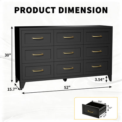Dresser 9-Drawer Black Steel Smooth-Glide Powder Coat 52x15.8x30 In