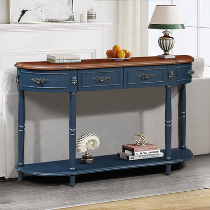 Retro Half-Moon Console Table with 2 Drawers & Open Shelf | 52" Curved Solid Wood Sofa Table — Navy Blue & Brown