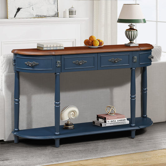 Retro Half-Moon Console Table with 2 Drawers & Open Shelf | 52" Curved Solid Wood Sofa Table — Navy Blue & Brown