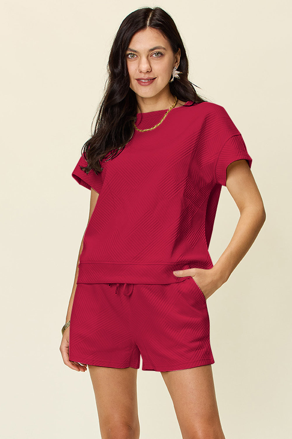 Textured Drawstring Shorts and Tee Set