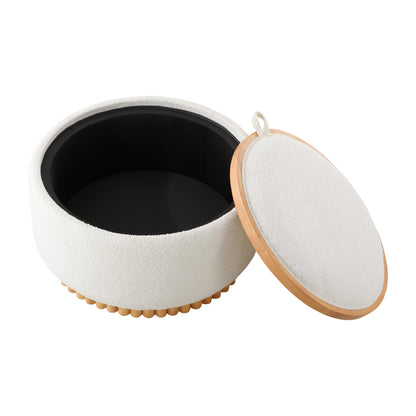 29' Round Storage Ottoman with Solid Wood Legs, Boucle Fabric, No Assembly