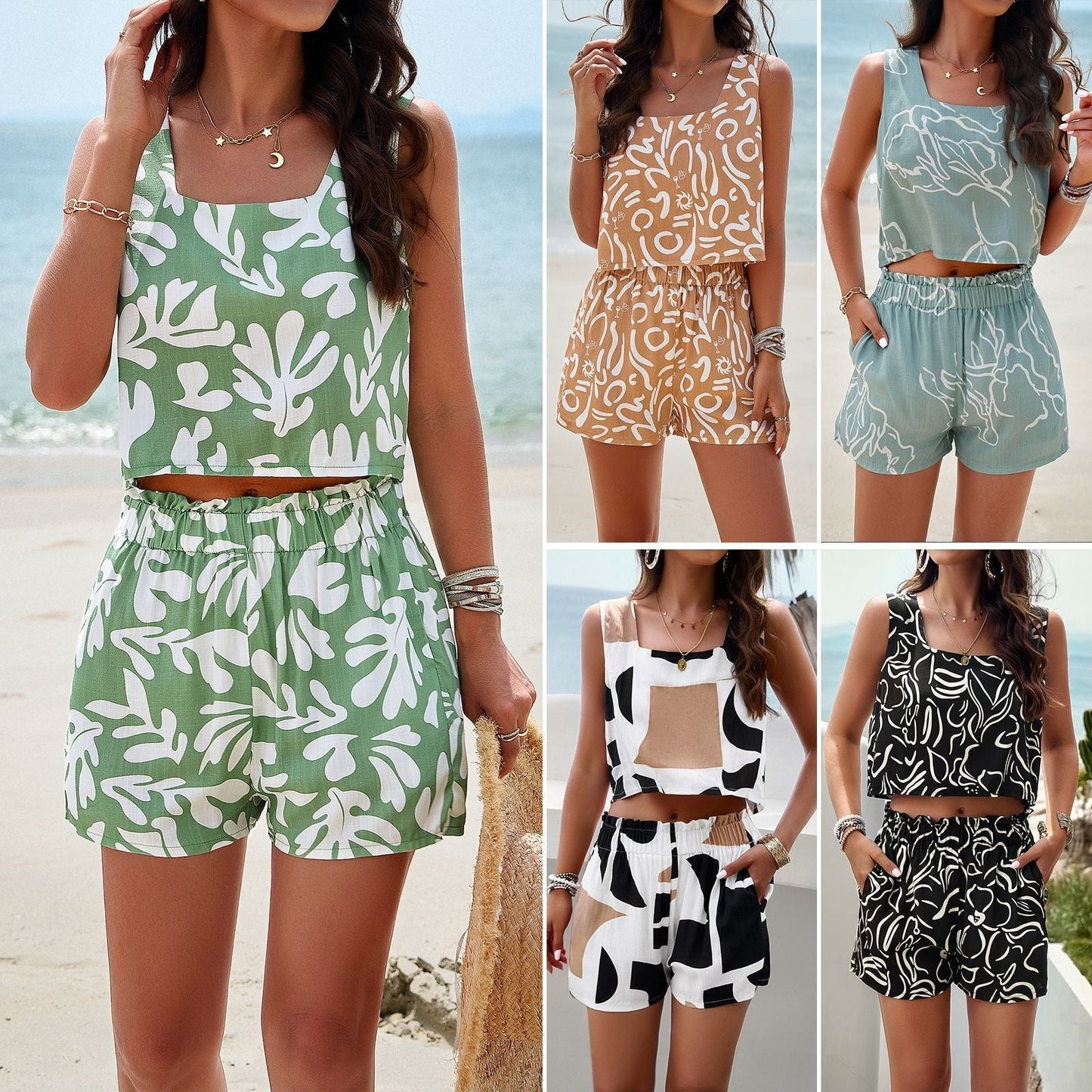 European and American women's spring and summer temperament casual printed vest set