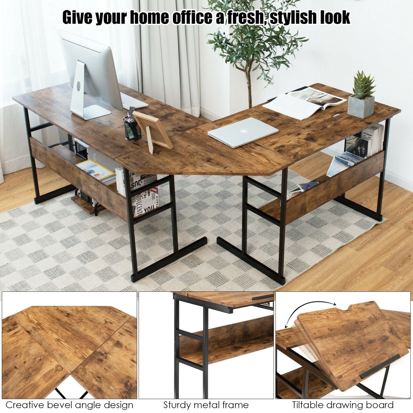 L-Shaped Computer Desk with Tiltable Tabletop